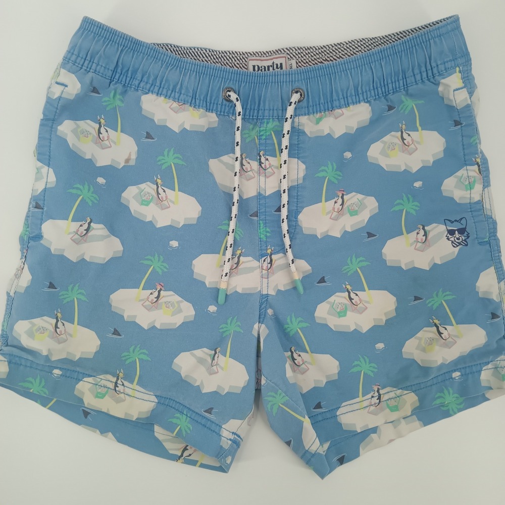 Party Pants Mens Swim Trunks Blue Penguin Iceberg Print Board Shorts XS